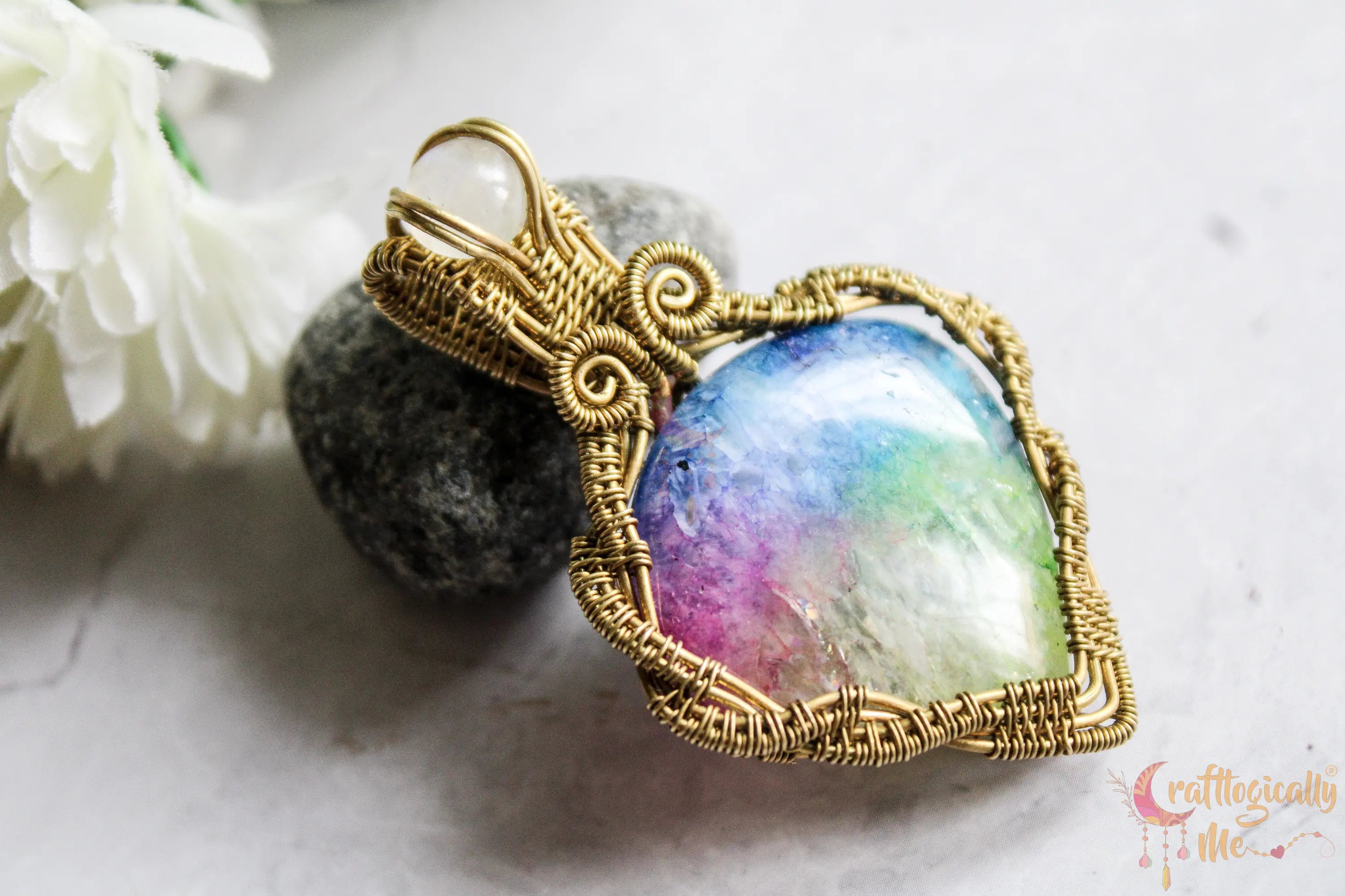 Rainbow Solar Quartz Criss Cross Pendant – Handmade Brass Wire Wrapped Gemstone Jewelry