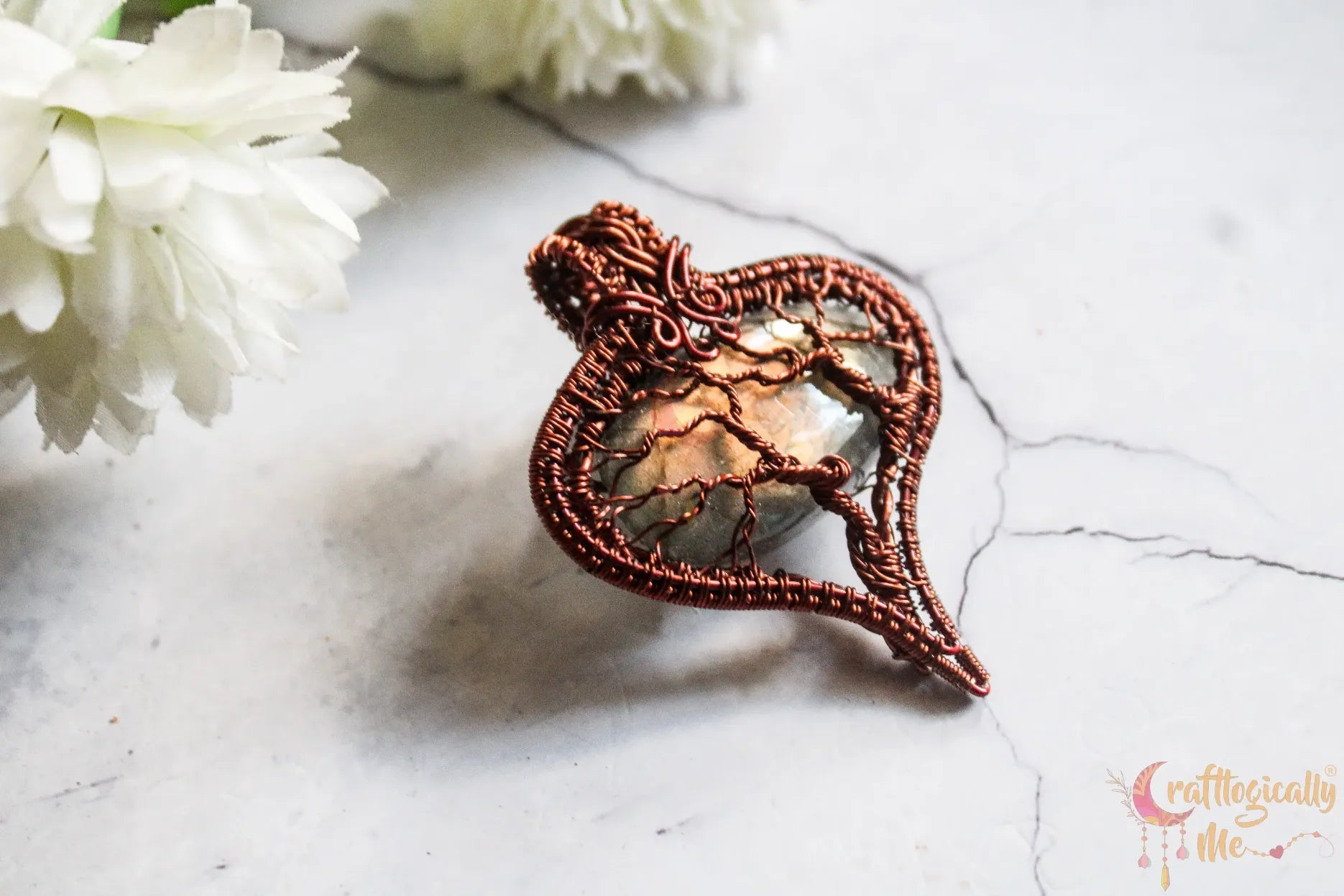 Gold Flash Labradorite Gemstone Tree of Life Pendant – Handmade Oval-Drop Anti-Tarnish Copper Jewelry