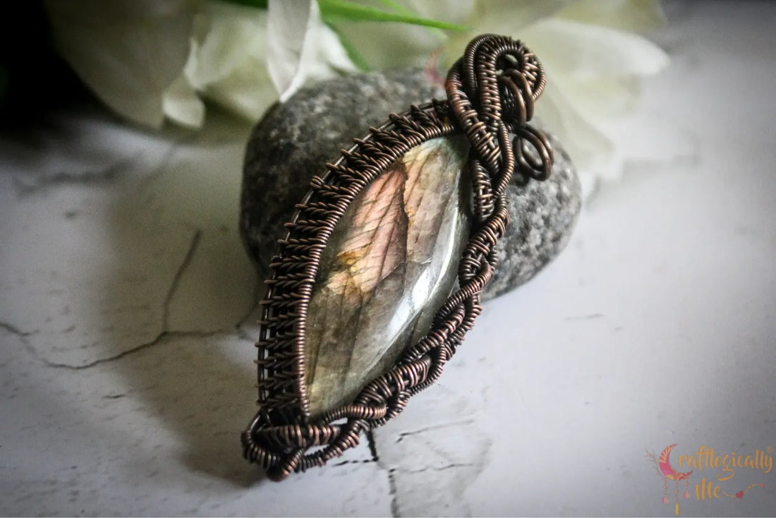 Multi Flash Labradorite Gemstone Marquee Pendant – Multi-Weave Oxidized Copper Wire Wrapped Jewelry