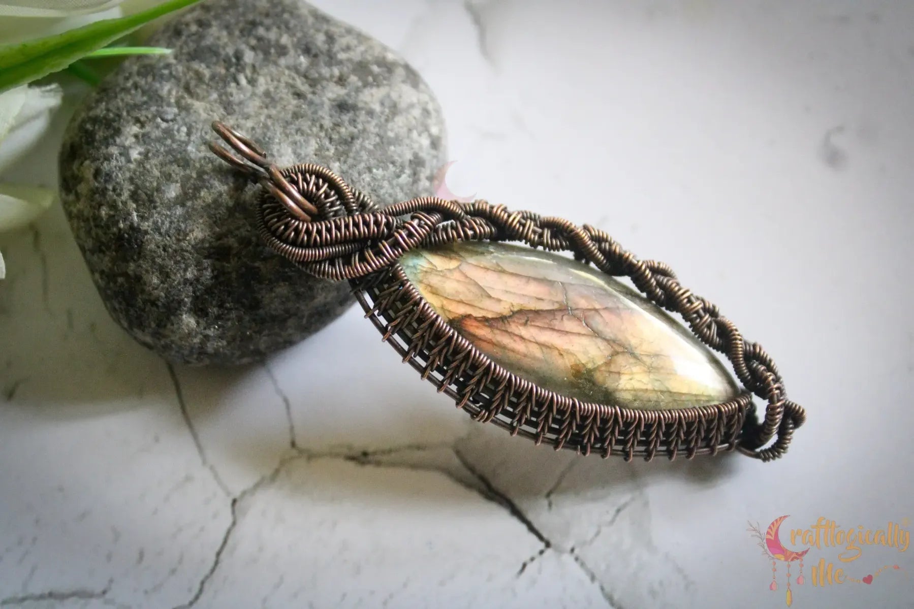 Multi Flash Labradorite Gemstone Marquee Pendant – Multi-Weave Oxidized Copper Wire Wrapped Jewelry