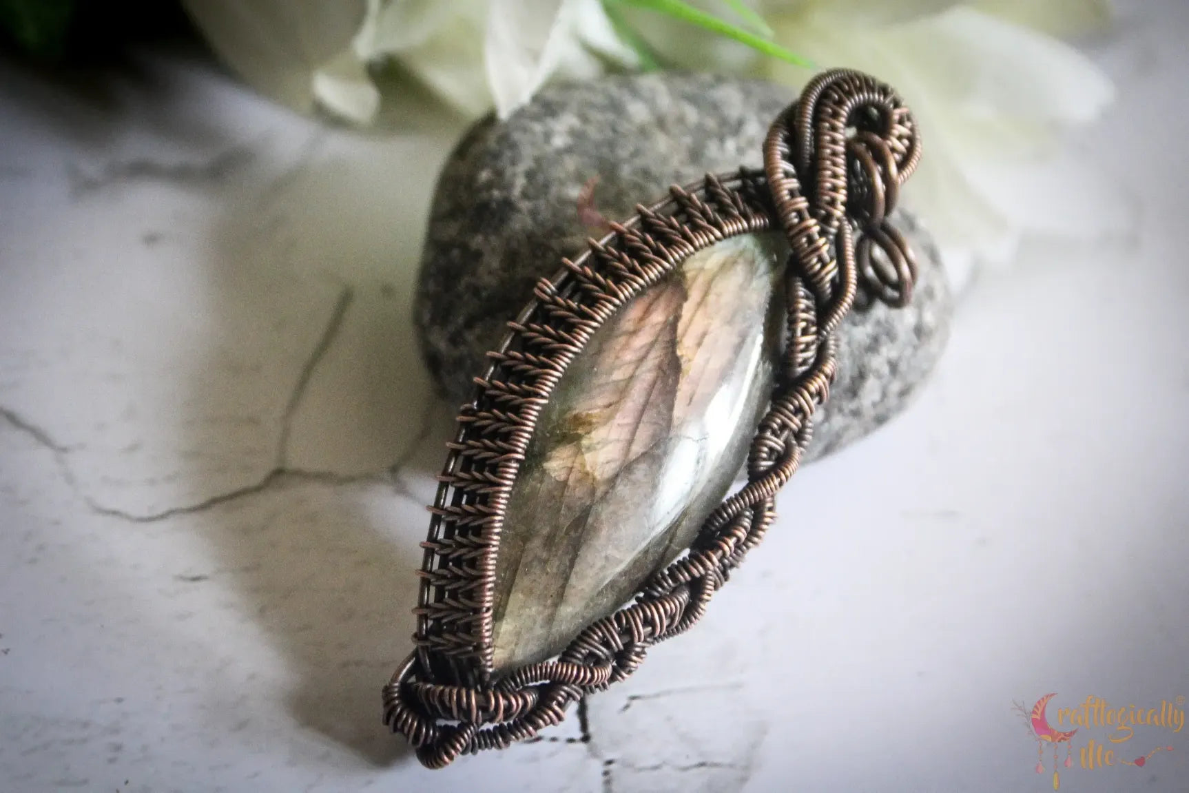 Multi Flash Labradorite Gemstone Marquee Pendant – Multi-Weave Oxidized Copper Wire Wrapped Jewelry
