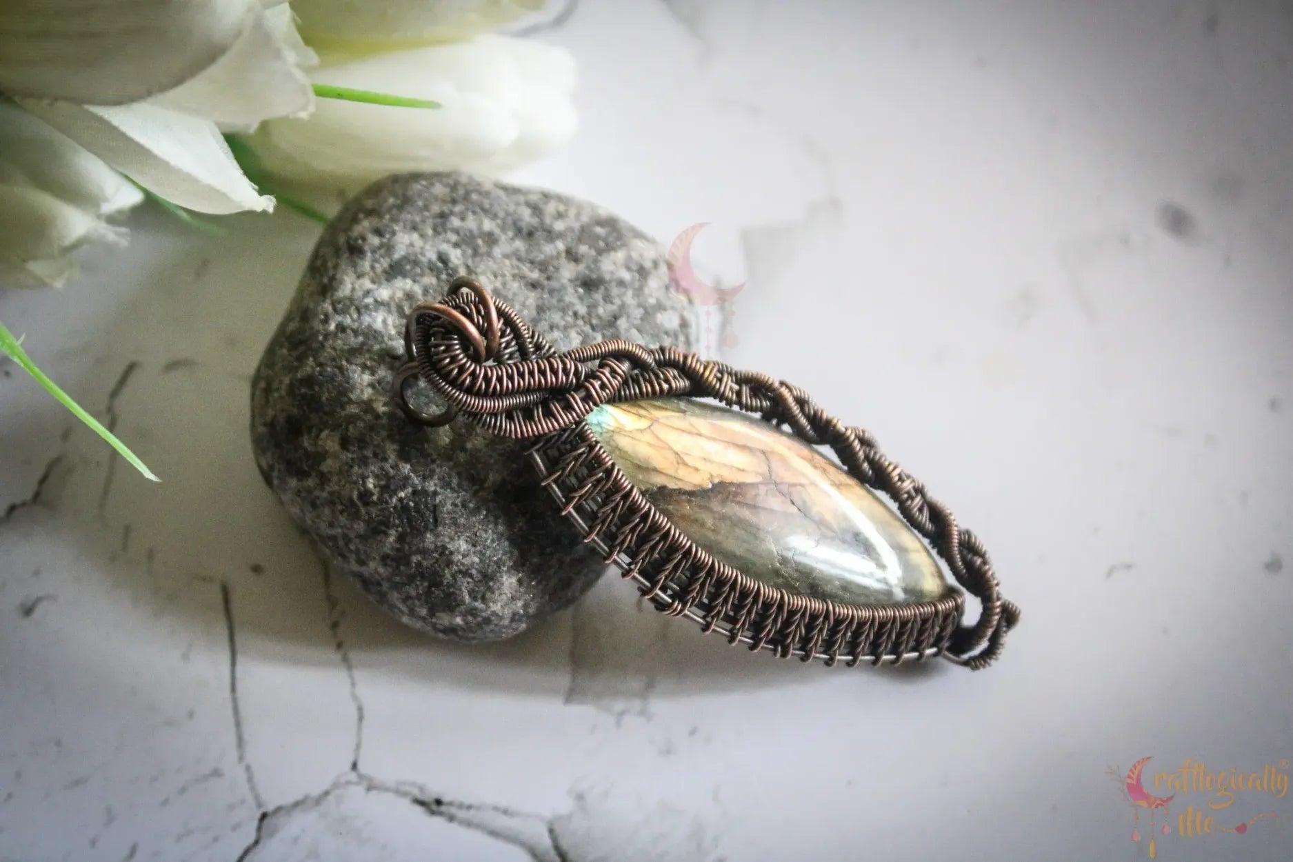 Multi Flash Labradorite Gemstone Marquee Pendant – Multi-Weave Oxidized Copper Wire Wrapped Jewelry