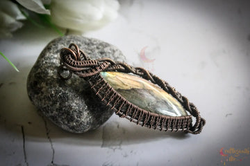 Multi Flash Labradorite Gemstone Marquee Pendant – Multi-Weave Oxidized Copper Wire Wrapped Jewelry