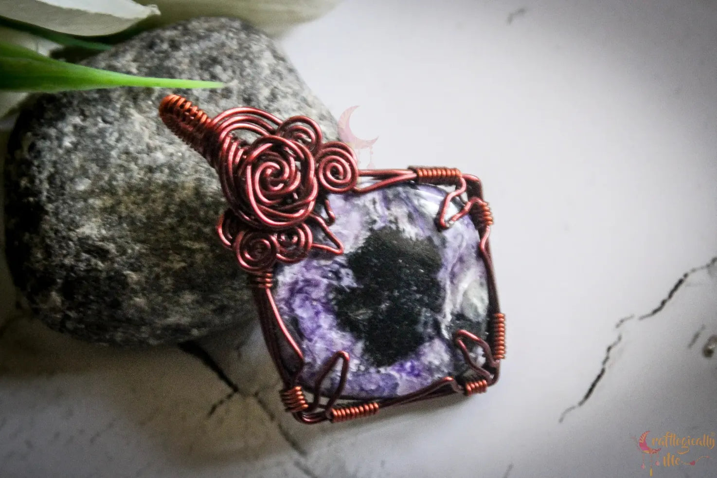 Charoite Gemstone Square Rose Wire Wrapped Pendant – Handmade Anti-Tarnish Copper Jewelry