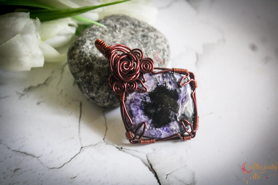 Charoite Gemstone Square Rose Wire Wrapped Pendant – Handmade Anti-Tarnish Copper Jewelry