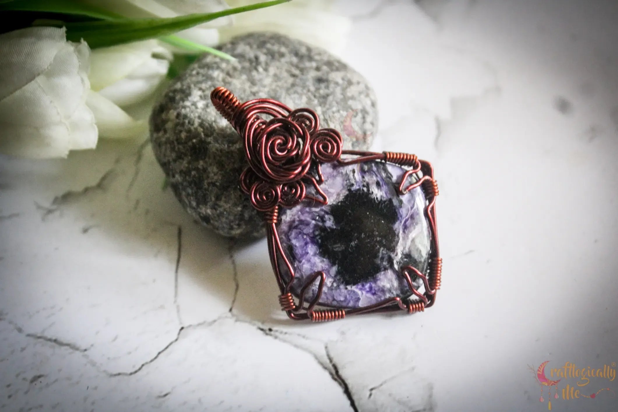 Charoite Gemstone Square Rose Wire Wrapped Pendant – Handmade Anti-Tarnish Copper Jewelry