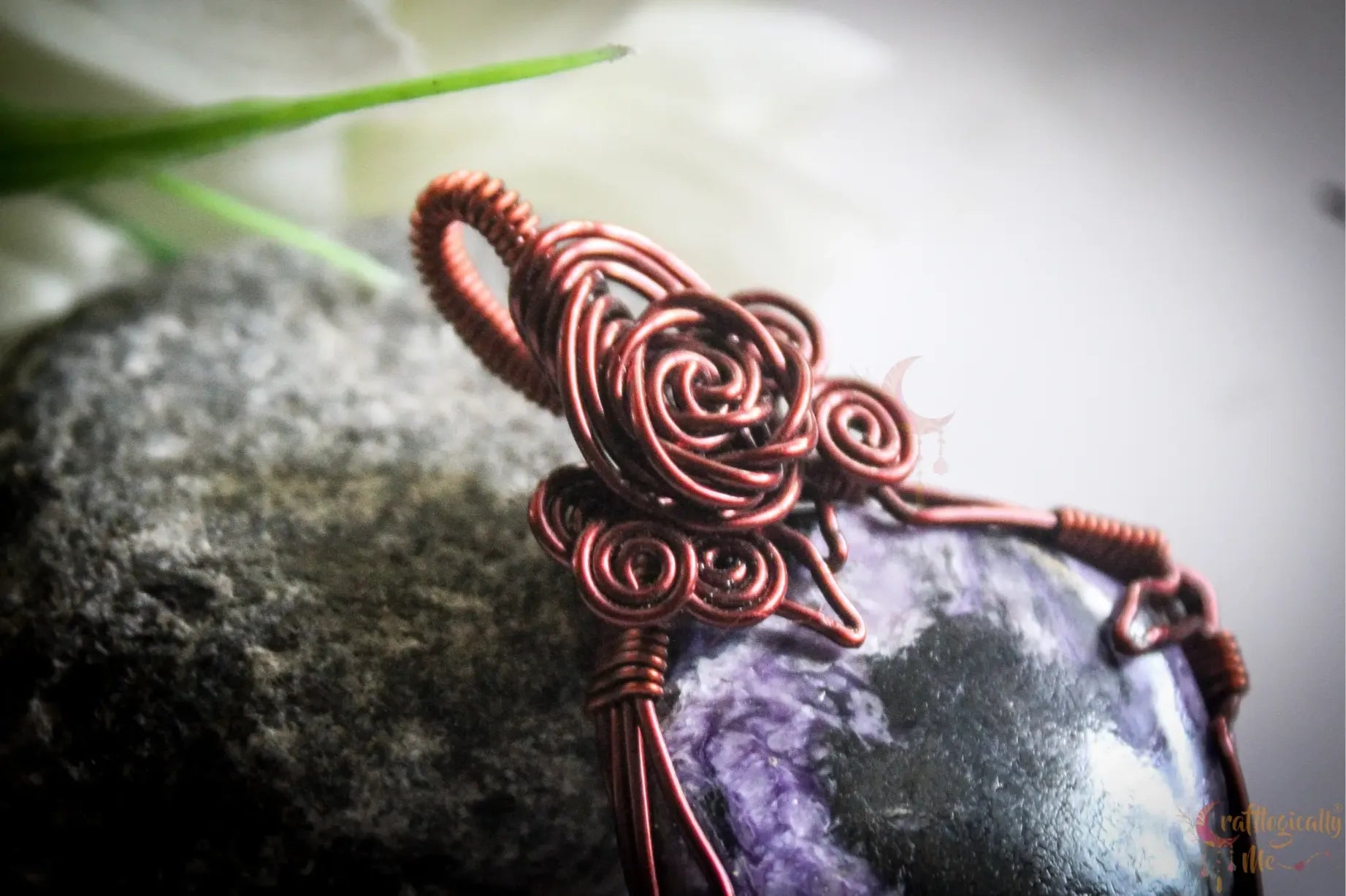 Charoite Gemstone Square Rose Wire Wrapped Pendant – Handmade Anti-Tarnish Copper Jewelry