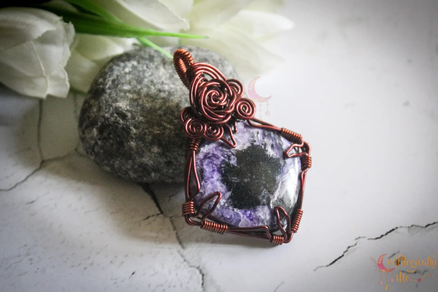 Charoite Gemstone Square Rose Wire Wrapped Pendant – Handmade Anti-Tarnish Copper Jewelry