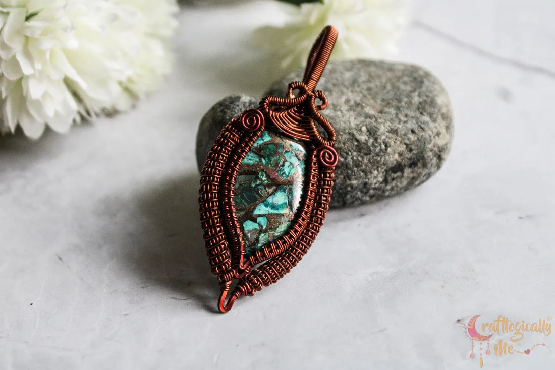 Chrysocolla Gemstone Coiled Coil Wire Wrap Pendant – Handmade Anti-Tarnish Copper Jewelry
