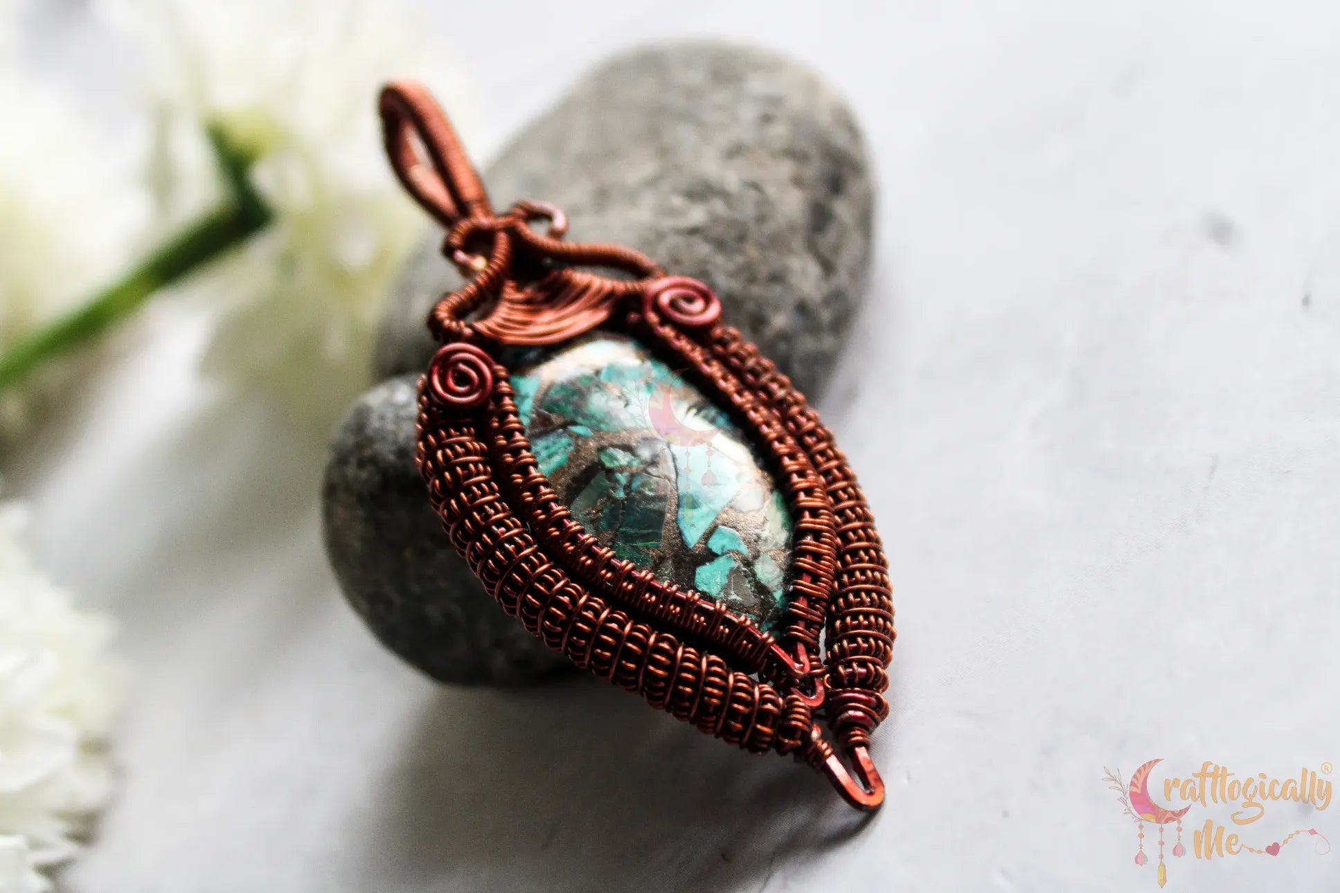 Chrysocolla Gemstone Coiled Coil Wire Wrap Pendant β Handmade Anti-Tarnish Copper Jewelry