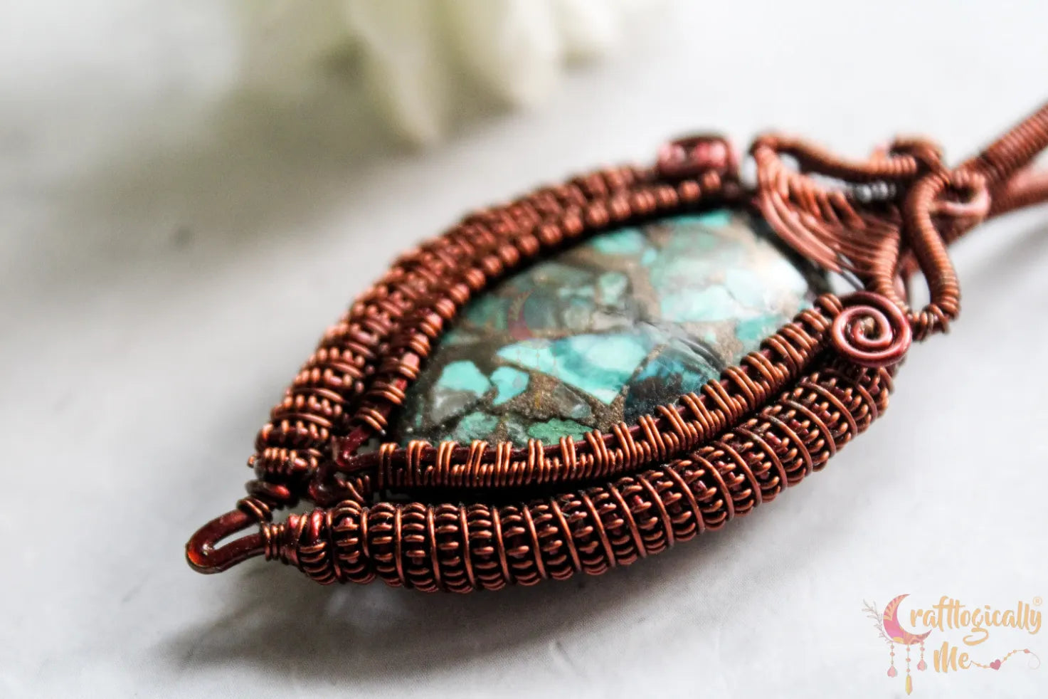 Chrysocolla Gemstone Coiled Coil Wire Wrap Pendant β Handmade Anti-Tarnish Copper Jewelry