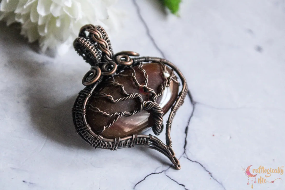 Agate Gemstone Oval-Drop Tree & Wire Wrap Pendant – Handmade Oxidized Copper Jewelry