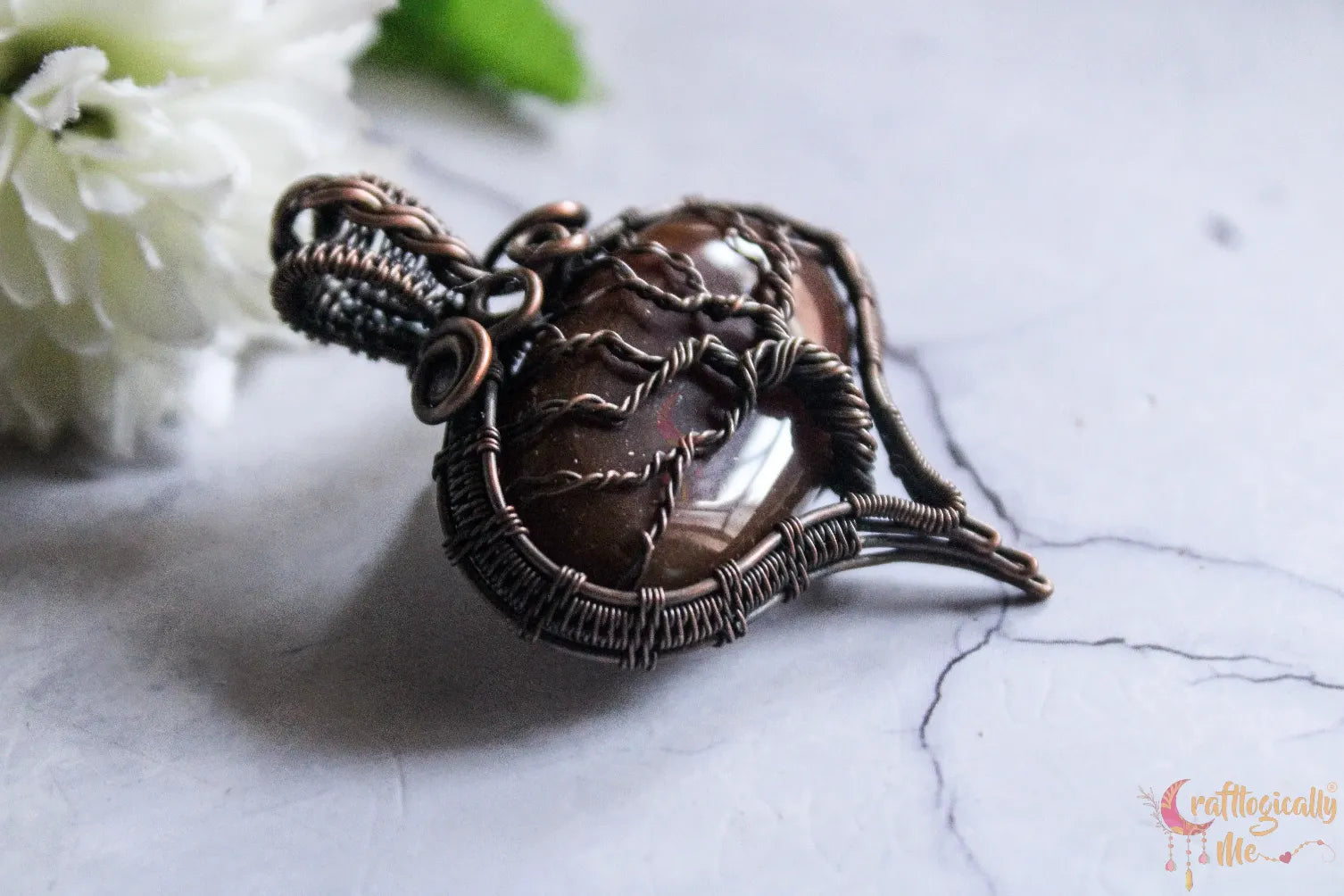 Agate Gemstone Oval-Drop Tree & Wire Wrap Pendant – Handmade Oxidized Copper Jewelry