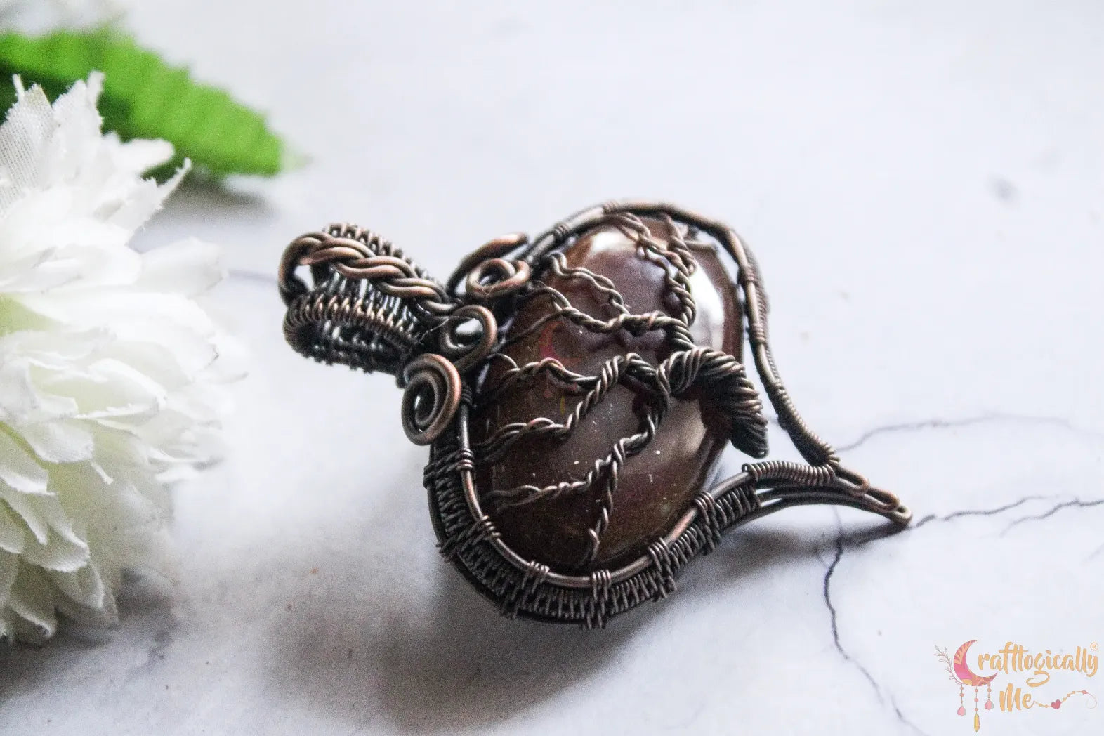 Agate Gemstone Oval-Drop Tree & Wire Wrap Pendant – Handmade Oxidized Copper Jewelry