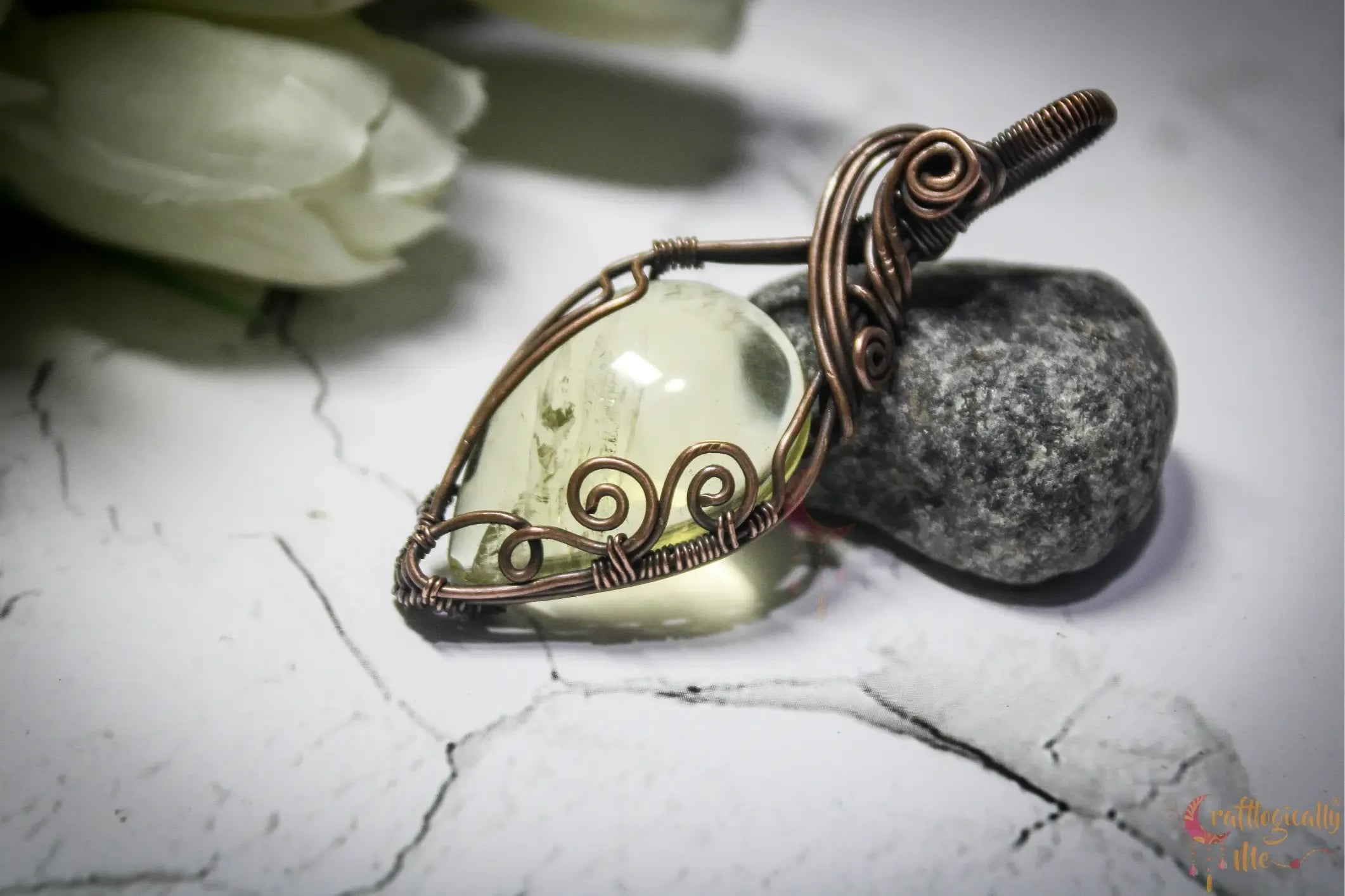 Lemon Quartz Gemstone Drop Wrap Pendant – Handmade Oxidized Copper Jewelry