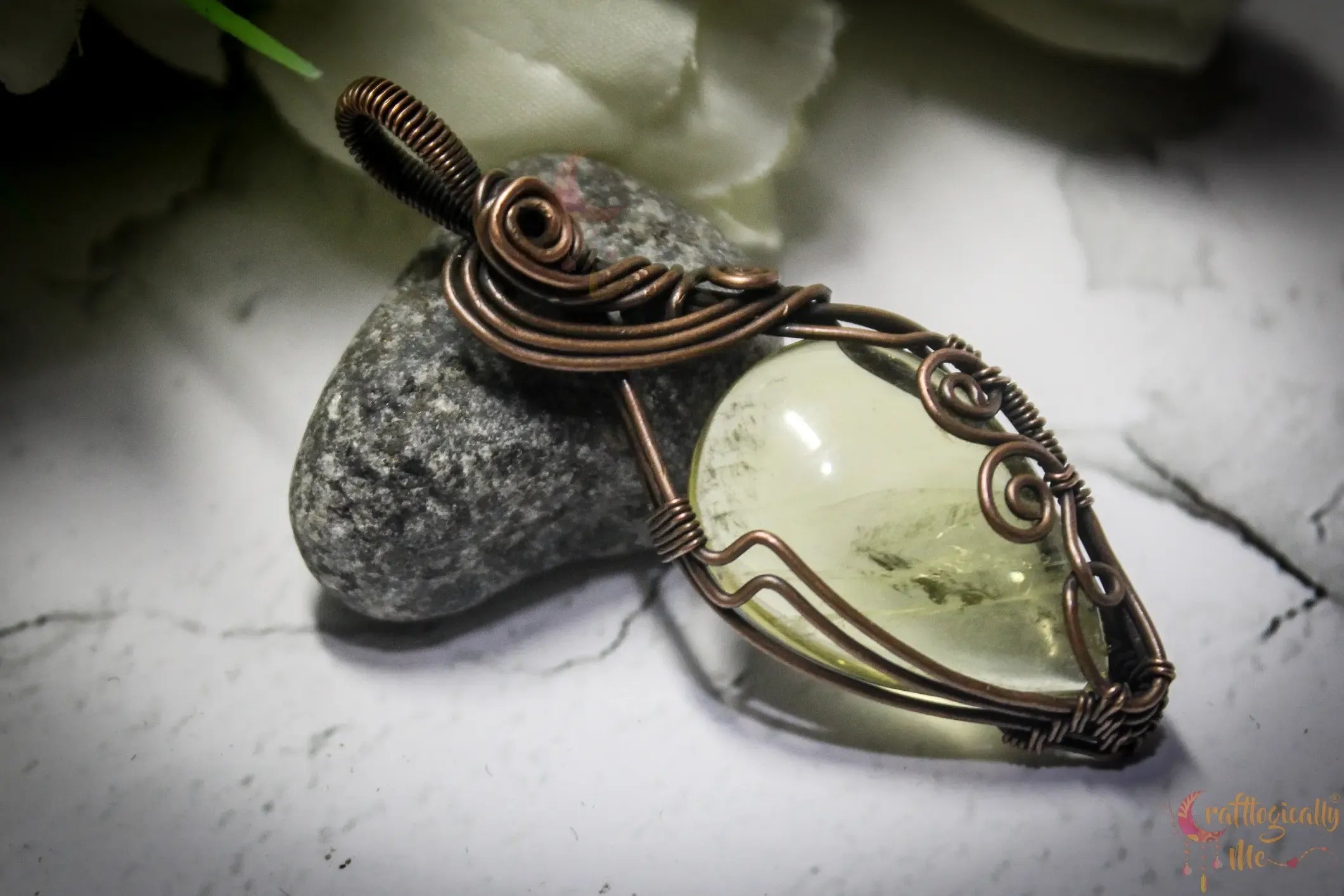 Lemon Quartz Gemstone Drop Wrap Pendant – Handmade Oxidized Copper Jewelry