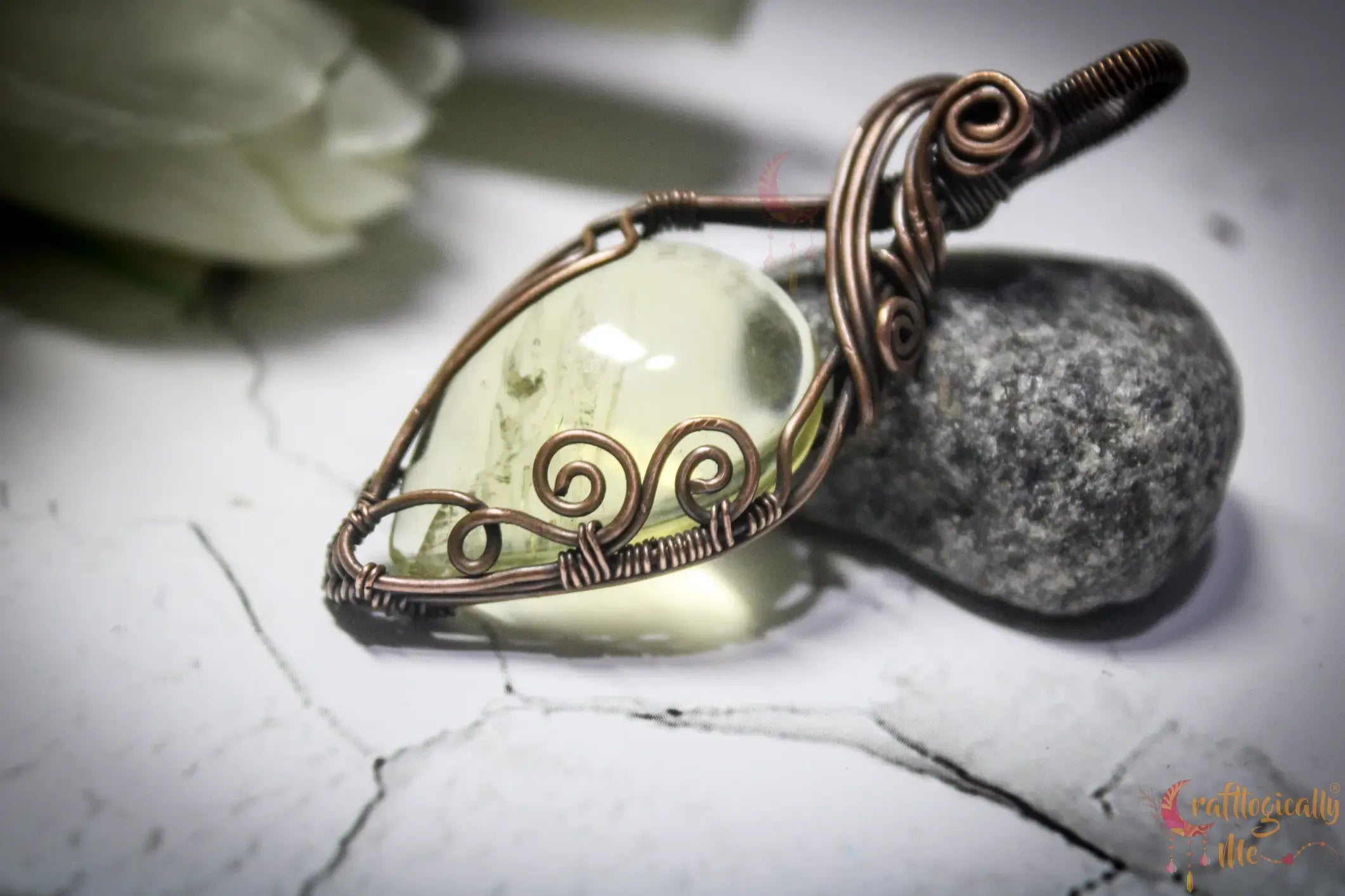 Lemon Quartz Gemstone Drop Wrap Pendant – Handmade Oxidized Copper Jewelry