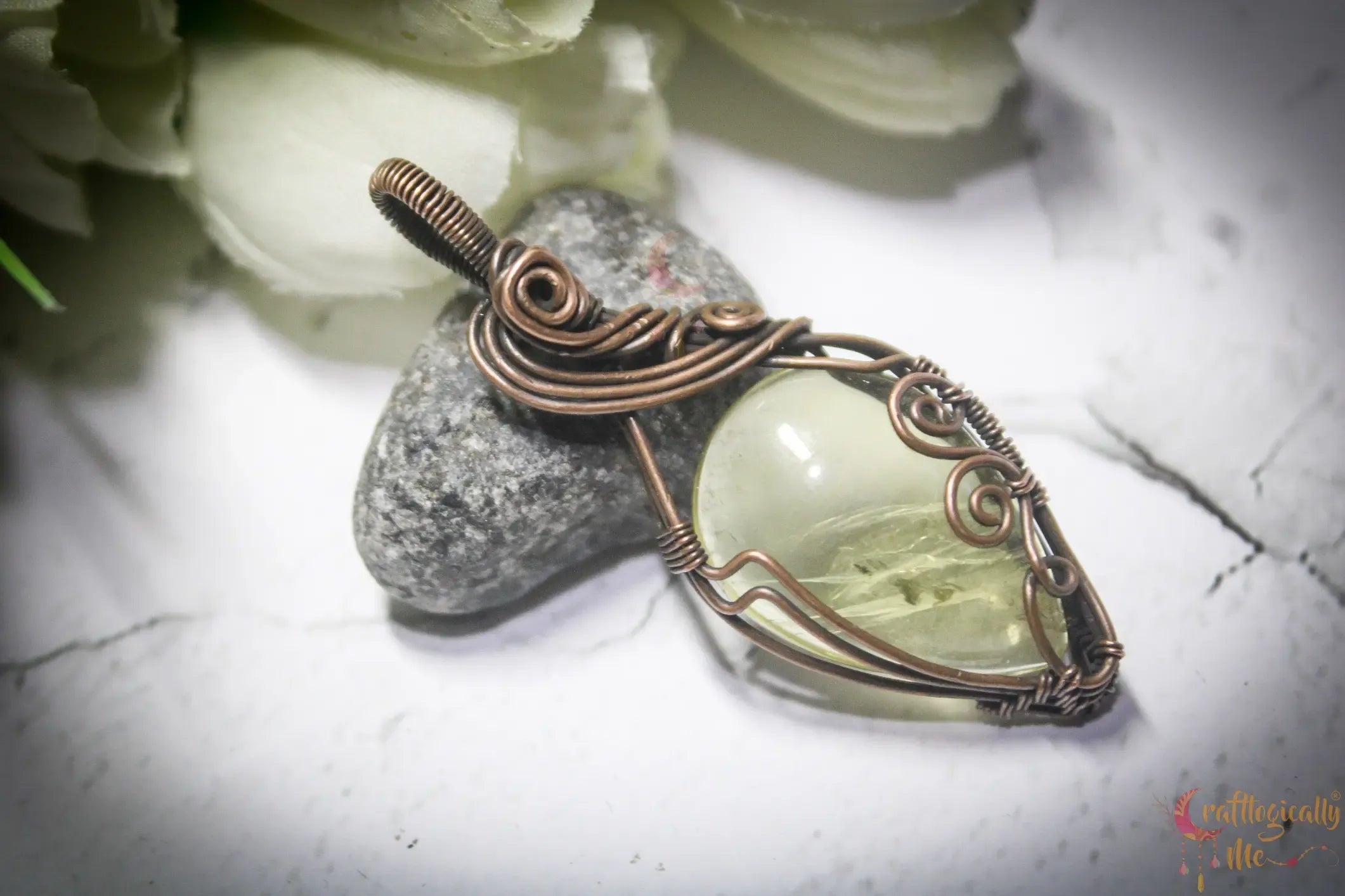 Lemon Quartz Gemstone Drop Wrap Pendant – Handmade Oxidized Copper Jewelry