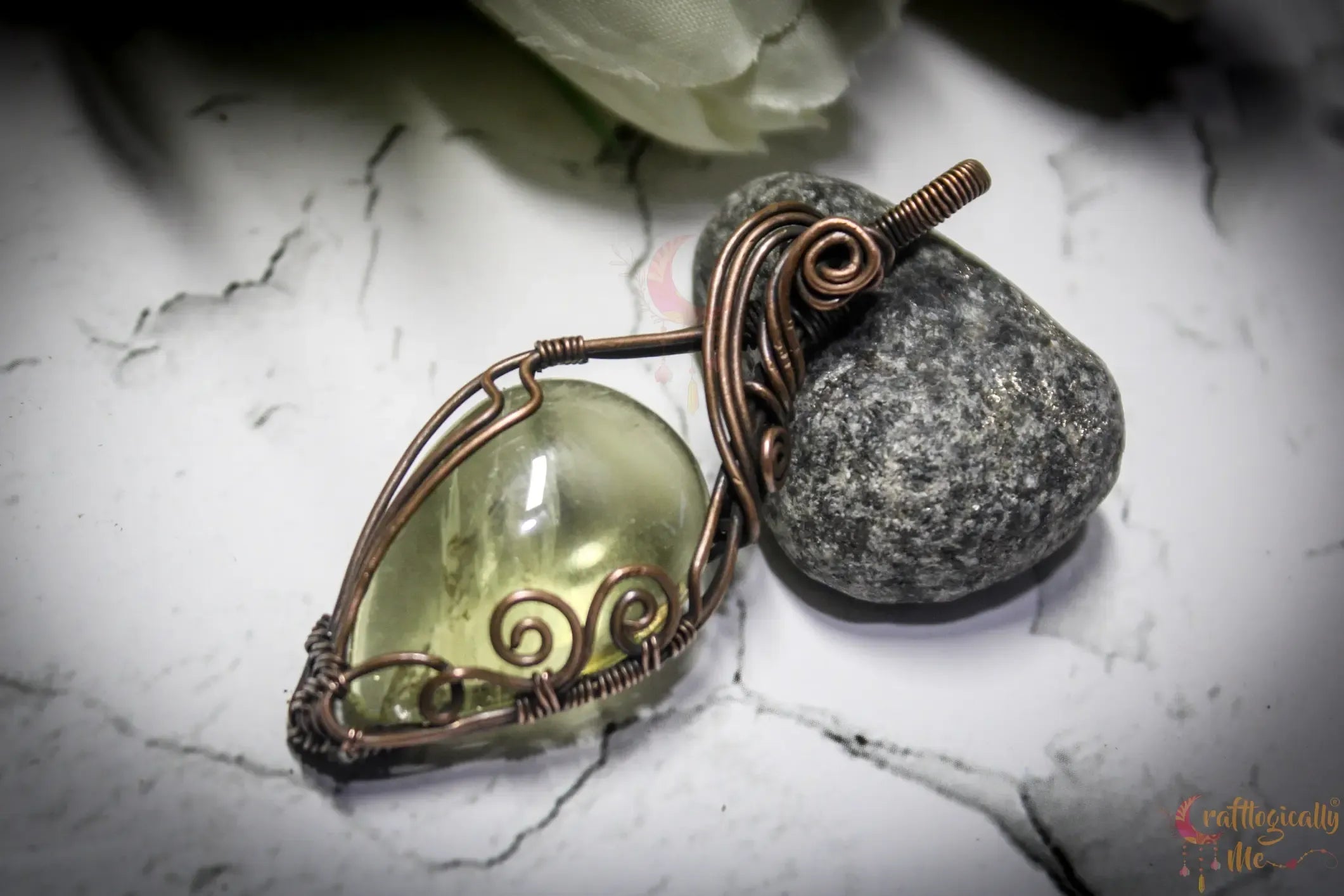 Lemon Quartz Gemstone Drop Wrap Pendant – Handmade Oxidized Copper Jewelry