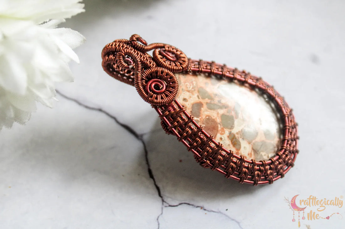 Mosaic Jasper Gemstone Drop Wrap Pendant – Handmade Anti-Tarnish Copper Wire Wrapped Jewelry
