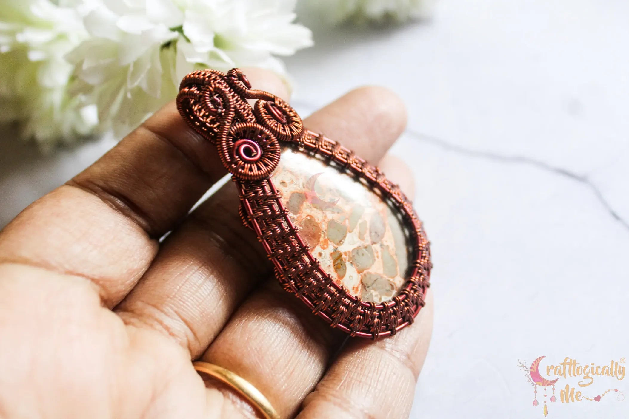 Mosaic Jasper Gemstone Drop Wrap Pendant – Handmade Anti-Tarnish Copper Wire Wrapped Jewelry