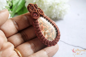 Mosaic Jasper Gemstone Drop Wrap Pendant – Handmade Anti-Tarnish Copper Wire Wrapped Jewelry