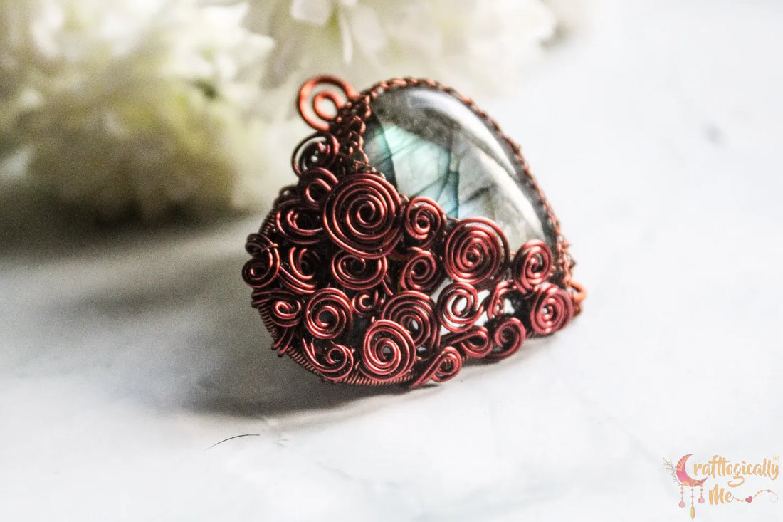 Labradorite Gemstone Drop Heart Swirls Pendant – Handmade Anti-Tarnish Copper Wire Wrapped Jewelry
