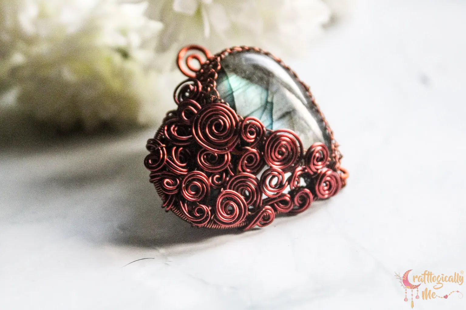 Labradorite Gemstone Drop Heart Swirls Pendant – Handmade Anti-Tarnish Copper Wire Wrapped Jewelry