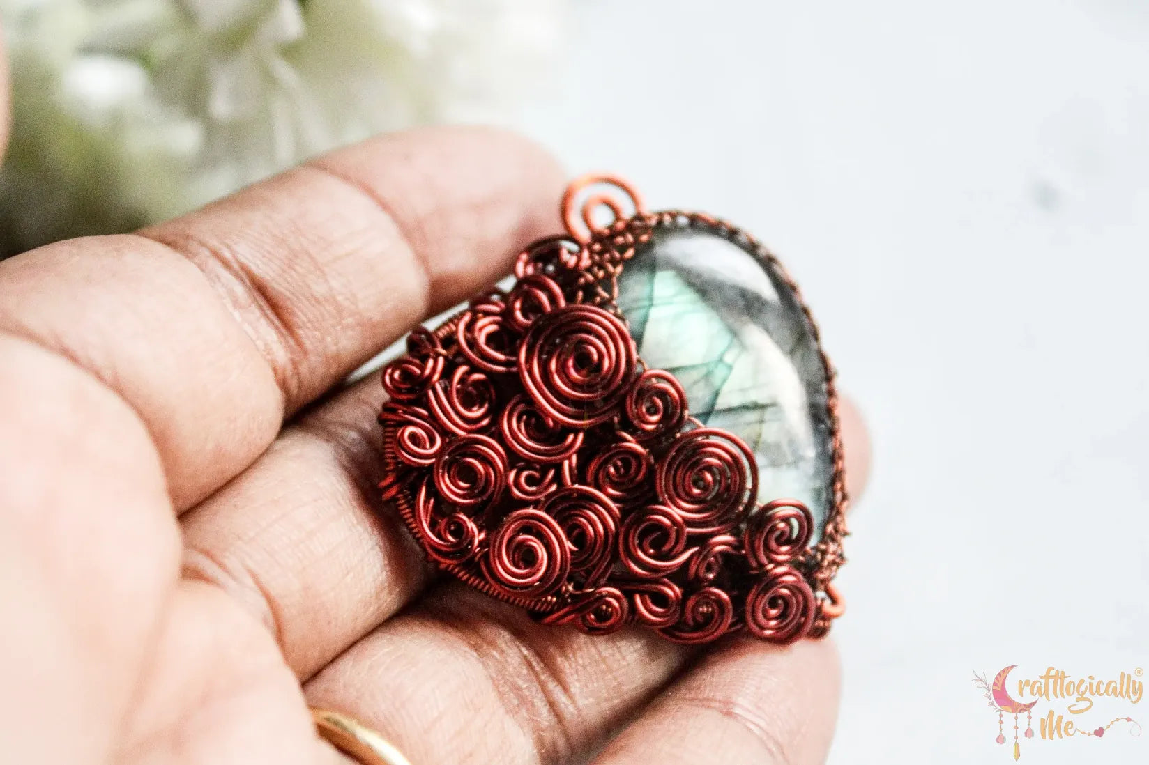 Labradorite Gemstone Drop Heart Swirls Pendant – Handmade Anti-Tarnish Copper Wire Wrapped Jewelry