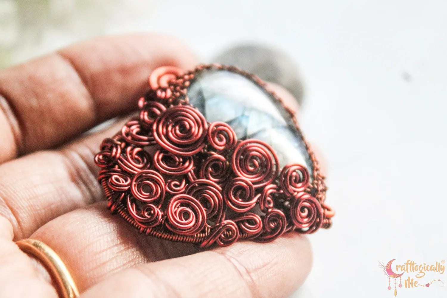 Labradorite Gemstone Drop Heart Swirls Pendant – Handmade Anti-Tarnish Copper Wire Wrapped Jewelry