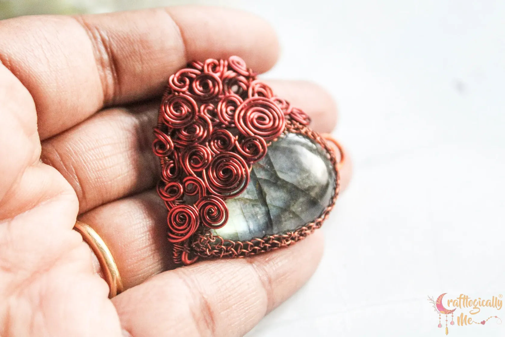 Labradorite Gemstone Drop Heart Swirls Pendant – Handmade Anti-Tarnish Copper Wire Wrapped Jewelry
