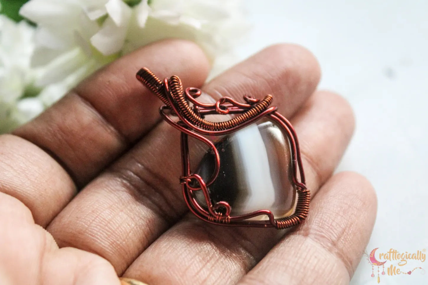 Banded Agate Gemstone Heart Pendant – Handmade Anti-Tarnish Copper Wire Wrapped Jewelry