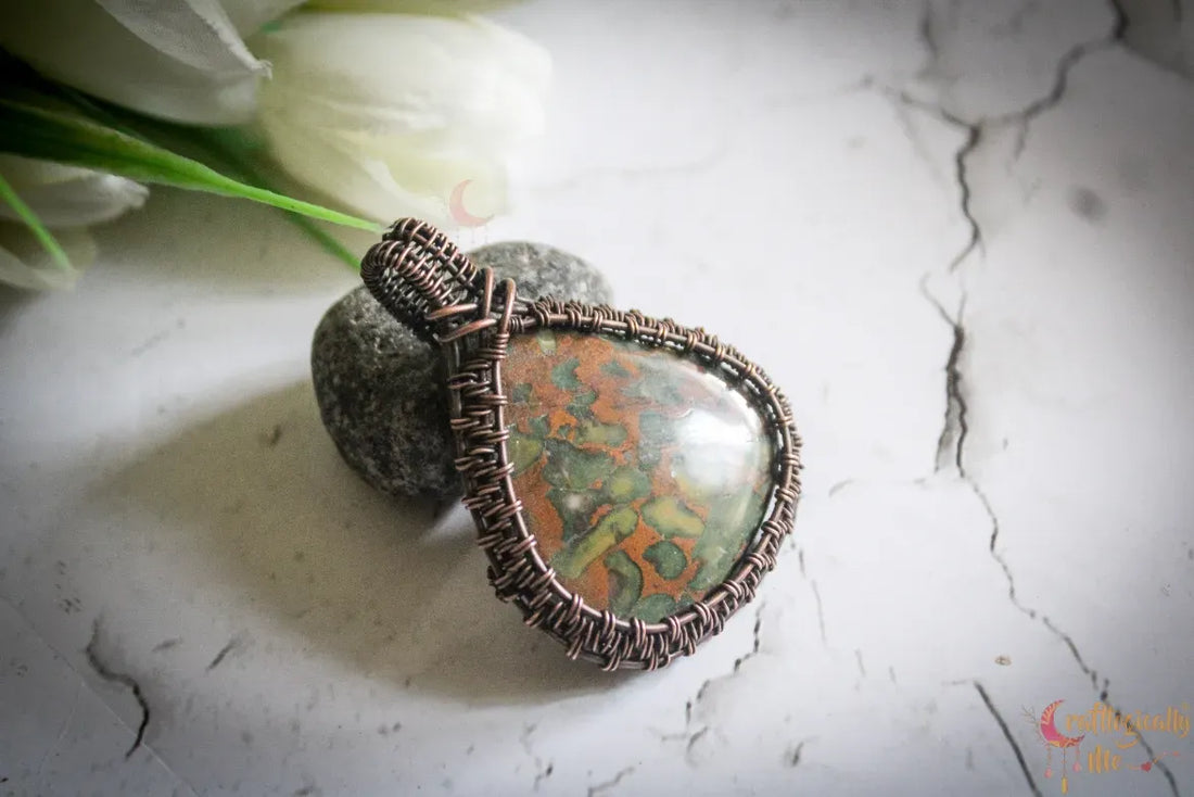 Fruit Jasper Gemstone Drop Wire Wrapped Frame Pendant – Handmade Oxidized Copper Jewelry