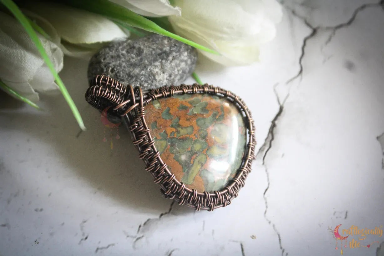 Fruit Jasper Gemstone Drop Wire Wrapped Frame Pendant – Handmade Oxidized Copper Jewelry
