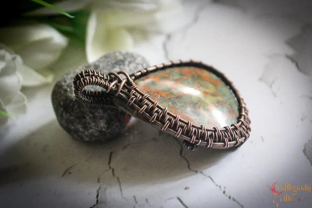 Fruit Jasper Gemstone Drop Wire Wrapped Frame Pendant – Handmade Oxidized Copper Jewelry