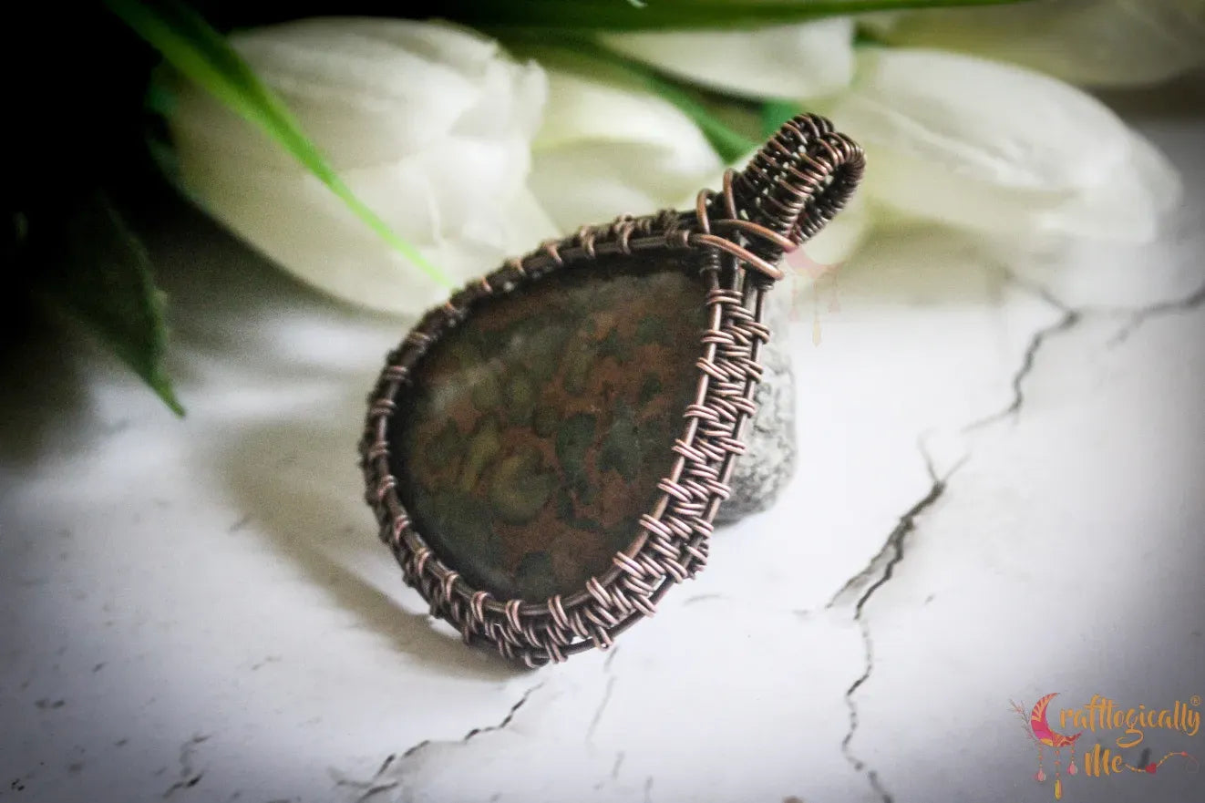Fruit Jasper Gemstone Drop Wire Wrapped Frame Pendant – Handmade Oxidized Copper Jewelry