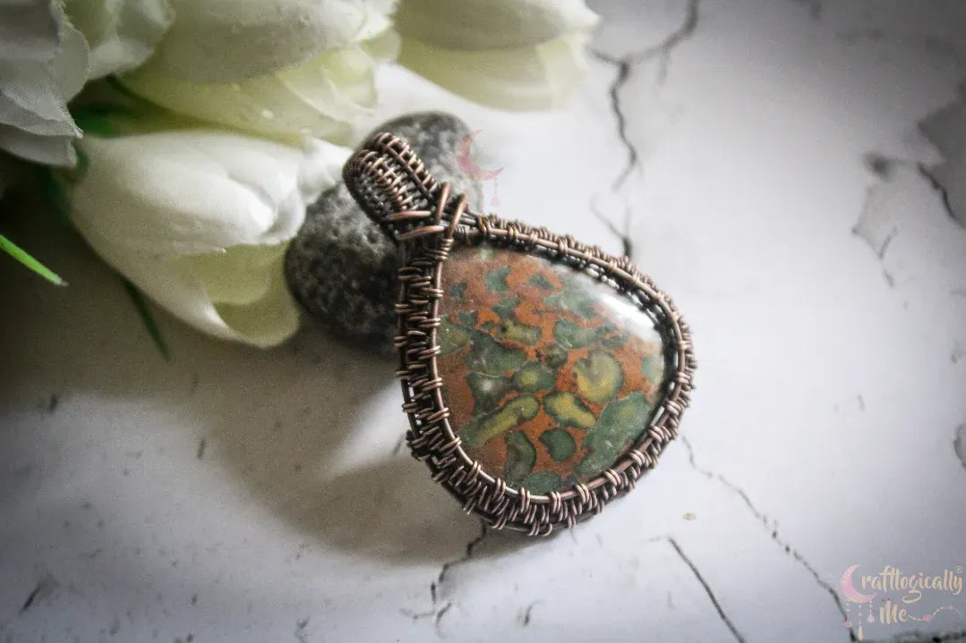 Fruit Jasper Gemstone Drop Wire Wrapped Frame Pendant – Handmade Oxidized Copper Jewelry