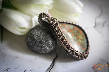 Fruit Jasper Gemstone Drop Wire Wrapped Frame Pendant – Handmade Oxidized Copper Jewelry