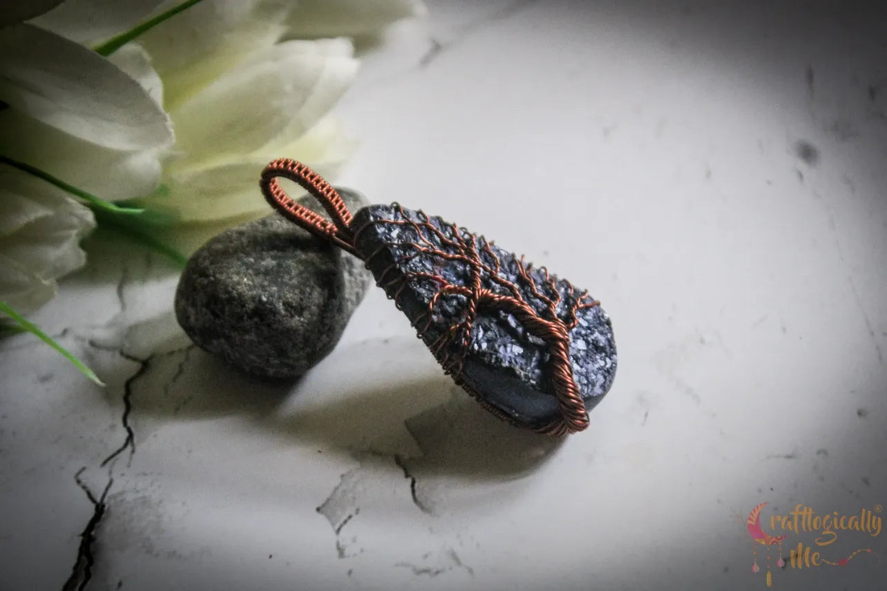 Handmade Resin Gemstone Blue Drop Tree of Life Pendant – Anti-Tarnish Copper Wire Wrapped Jewelry