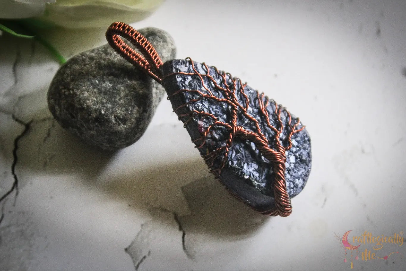 Handmade Resin Gemstone Blue Drop Tree of Life Pendant – Anti-Tarnish Copper Wire Wrapped Jewelry