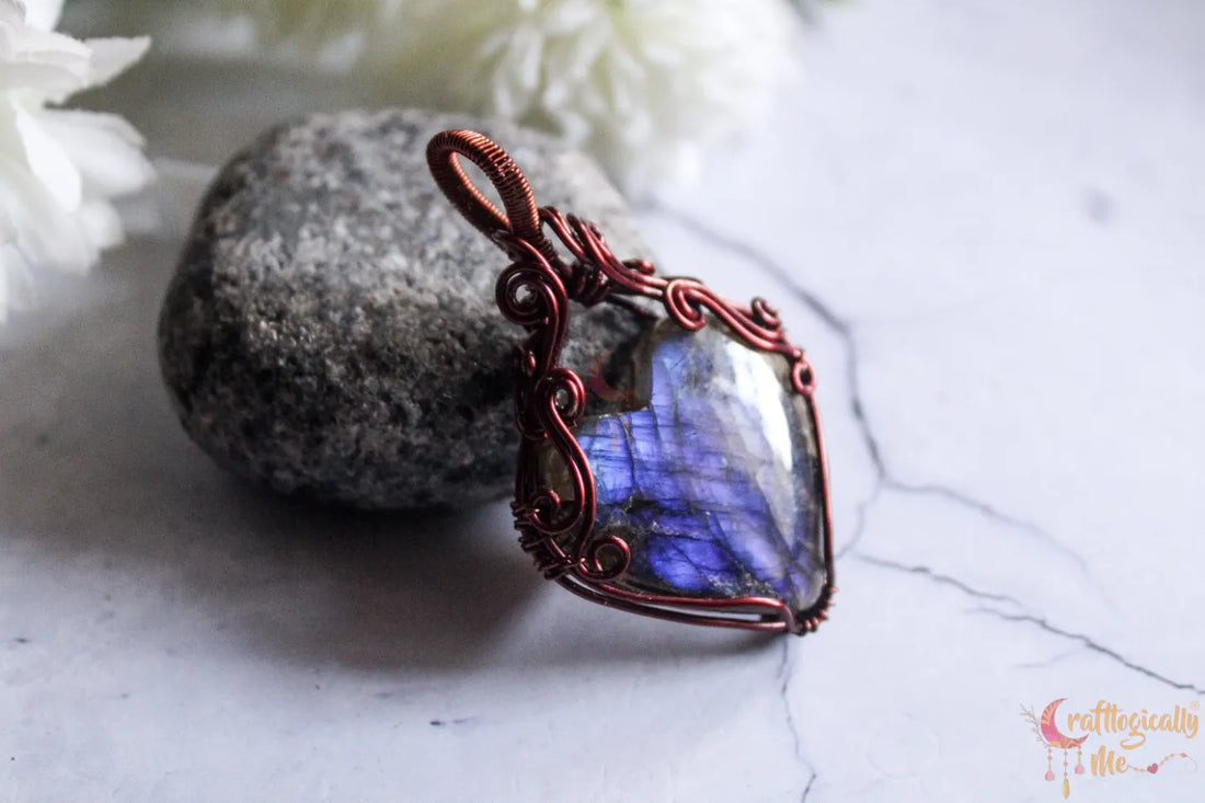 Blue Labradorite Gemstone Heart Wrap Pendant – Handmade Anti-Tarnish Copper Wire Wrapped Jewelry