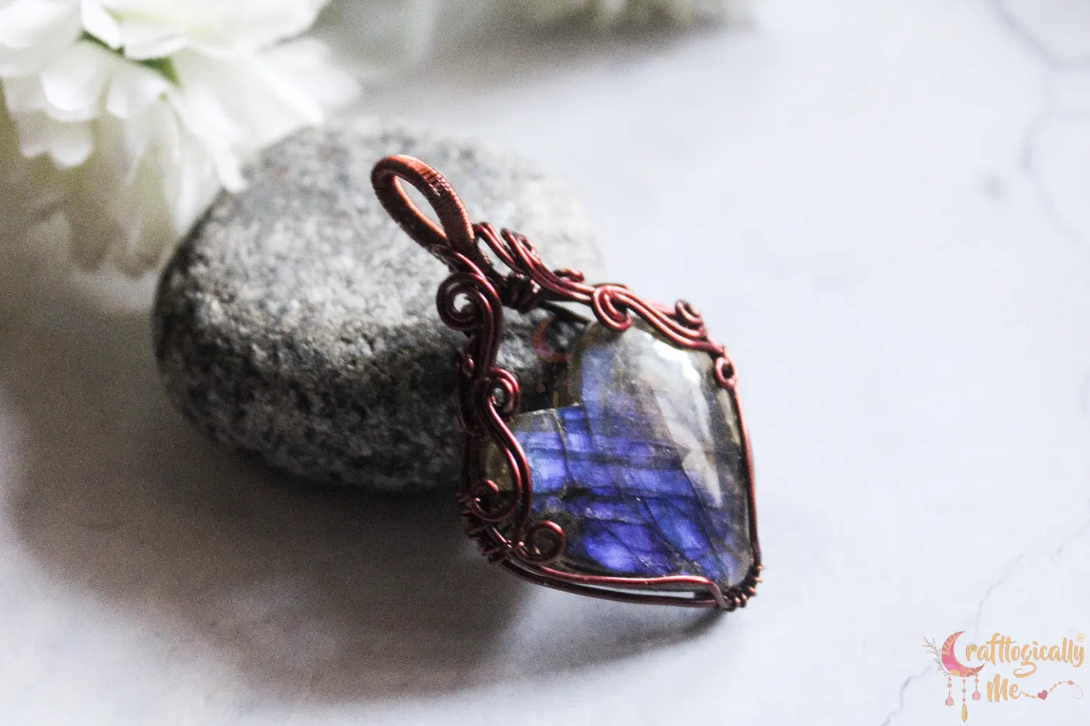Blue Labradorite Gemstone Heart Wrap Pendant – Handmade Anti-Tarnish Copper Wire Wrapped Jewelry
