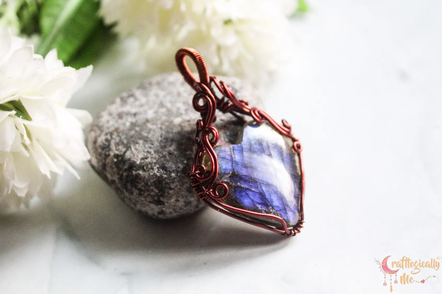 Blue Labradorite Gemstone Heart Wrap Pendant – Handmade Anti-Tarnish Copper Wire Wrapped Jewelry