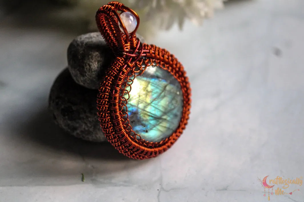Labradorite Gemstone Round Coiled Coil Pendant – Handmade Anti-Tarnish Copper Wire Wrapped Jewelry