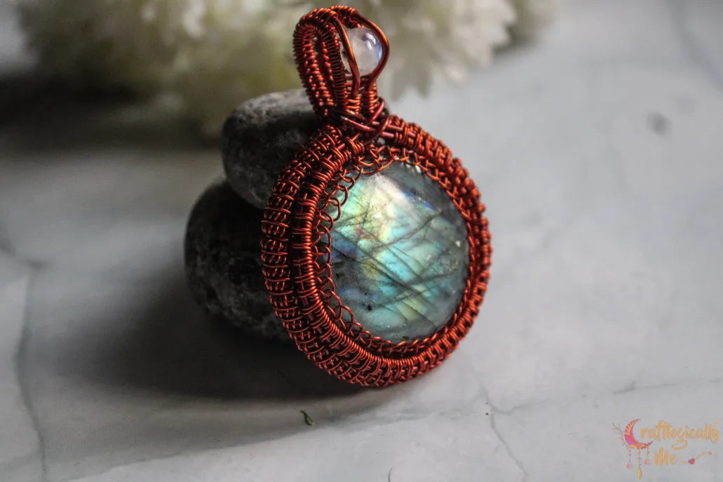 Labradorite Gemstone Round Coiled Coil Pendant – Handmade Anti-Tarnish Copper Wire Wrapped Jewelry