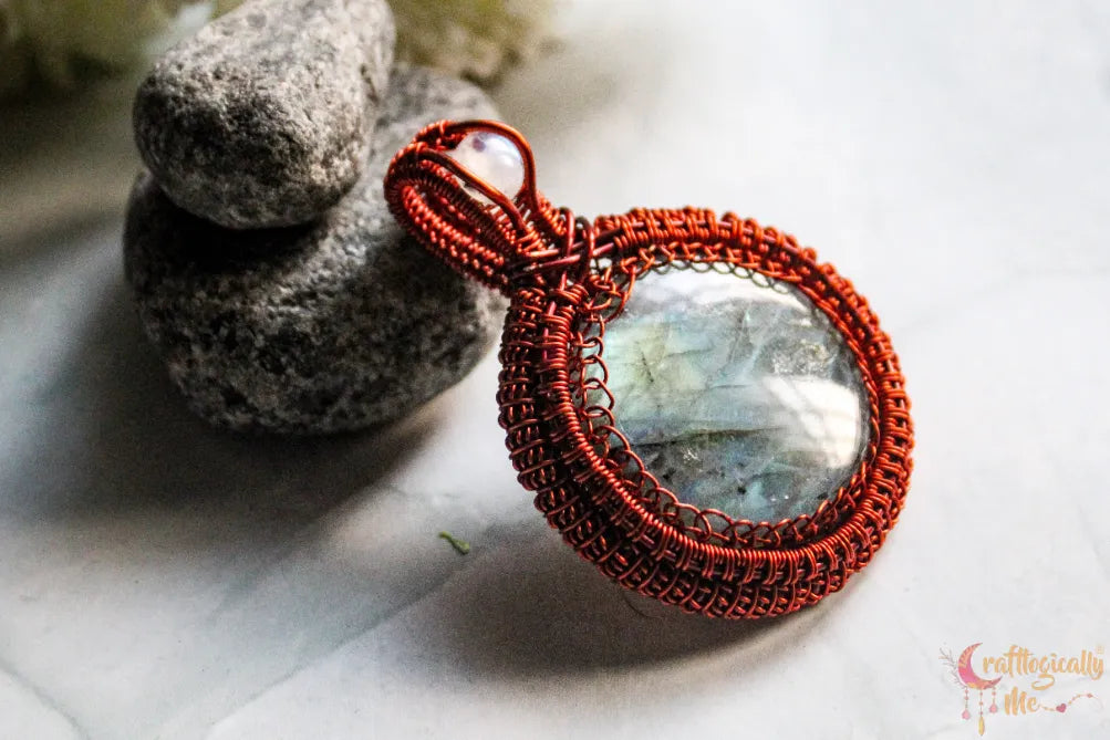Labradorite Gemstone Round Coiled Coil Pendant – Handmade Anti-Tarnish Copper Wire Wrapped Jewelry