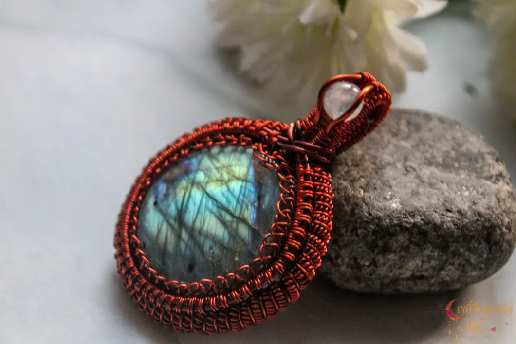 Labradorite Gemstone Round Coiled Coil Pendant – Handmade Anti-Tarnish Copper Wire Wrapped Jewelry
