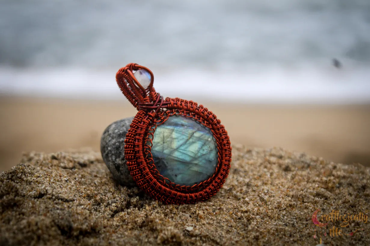 Labradorite Gemstone Round Coiled Coil Pendant – Handmade Anti-Tarnish Copper Wire Wrapped Jewelry