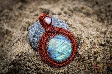 Labradorite Gemstone Round Coiled Coil Pendant – Handmade Anti-Tarnish Copper Wire Wrapped Jewelry