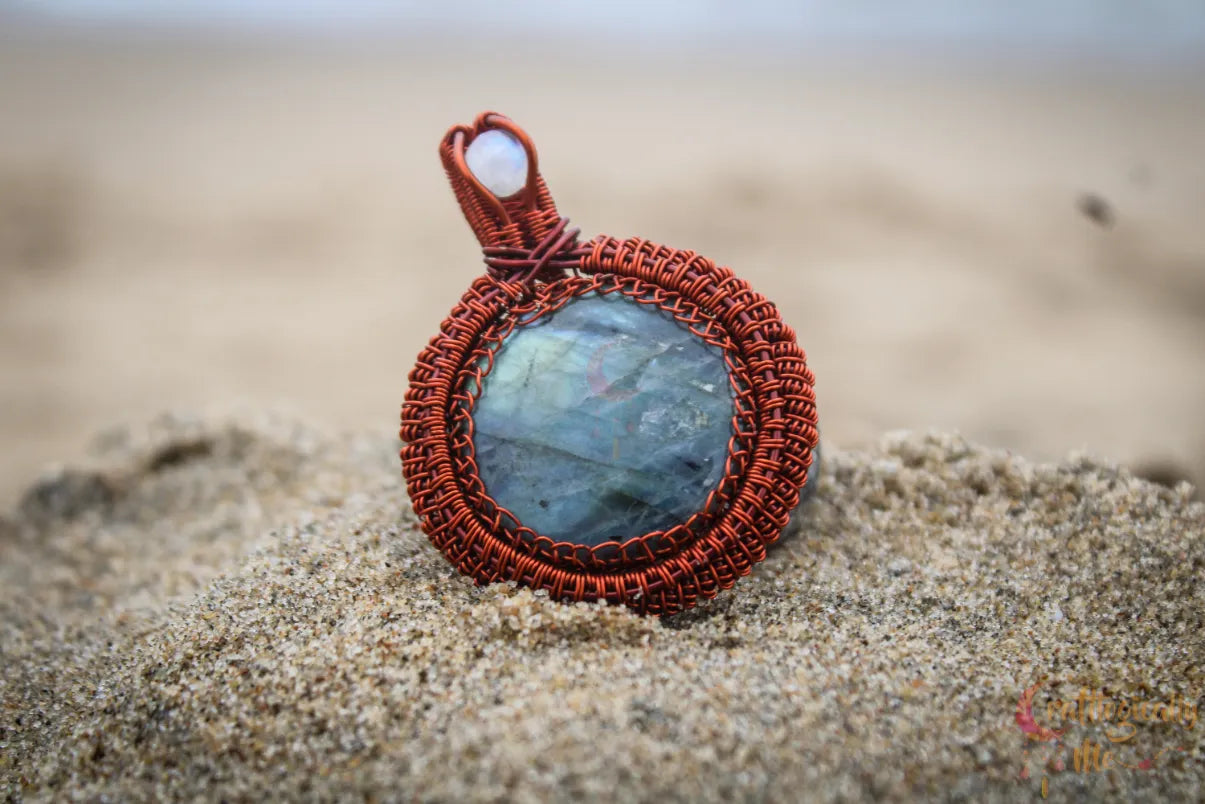 Labradorite Gemstone Round Coiled Coil Pendant – Handmade Anti-Tarnish Copper Wire Wrapped Jewelry